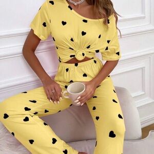 Yellow Heart Print Pajama Set XL